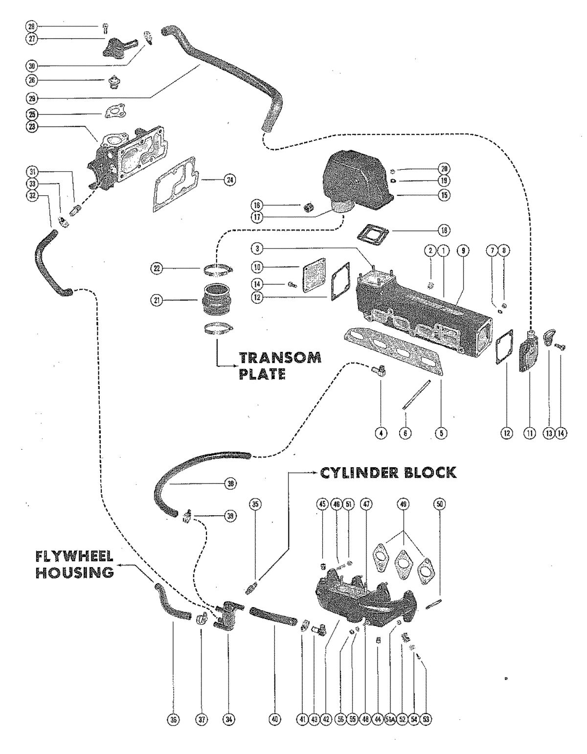 MERCRUISER 90 ENGINE AND STERNDRIVE EXHAUST MANIFOLD, INTAKE MANIFOLD AND EXHAUST ELBOW