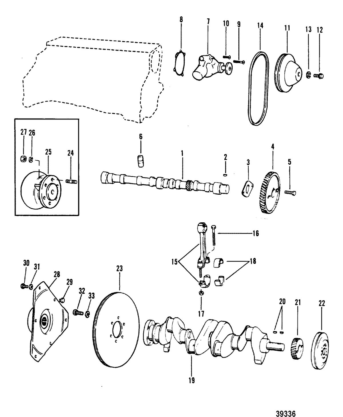 MERCRUISER 120 H.P./2.5L140 H.P./3.0L R/MR/ALPHA ONE CRANKSHAFT, CAMSHAFT, WATER PUMP(140-3.0L/181 CID)