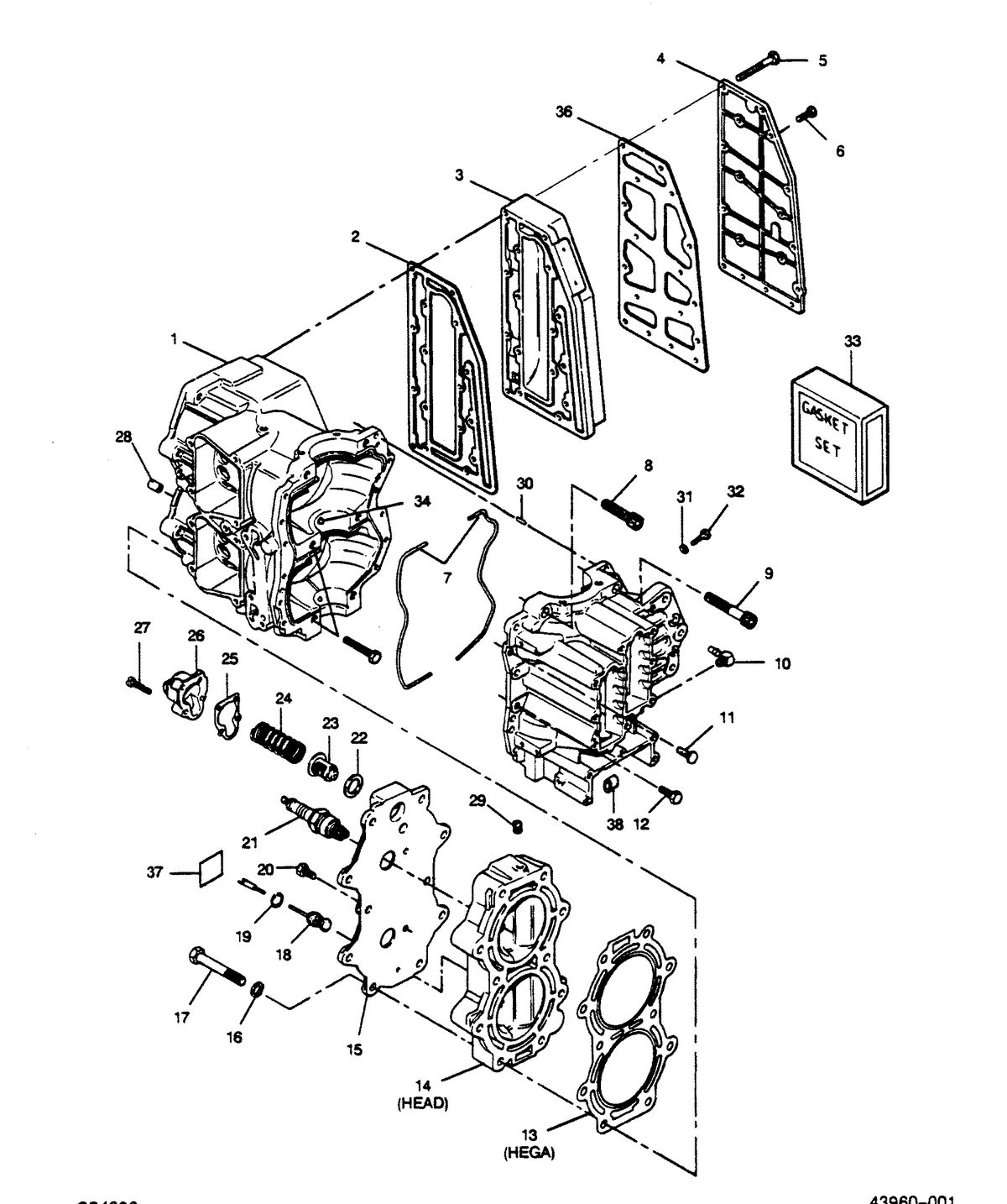 FORCE FORCE 1989 50 H.P. "C" MODELS CYLINDER BLOCK, HEAD AND EXHAUST CHEST COVER