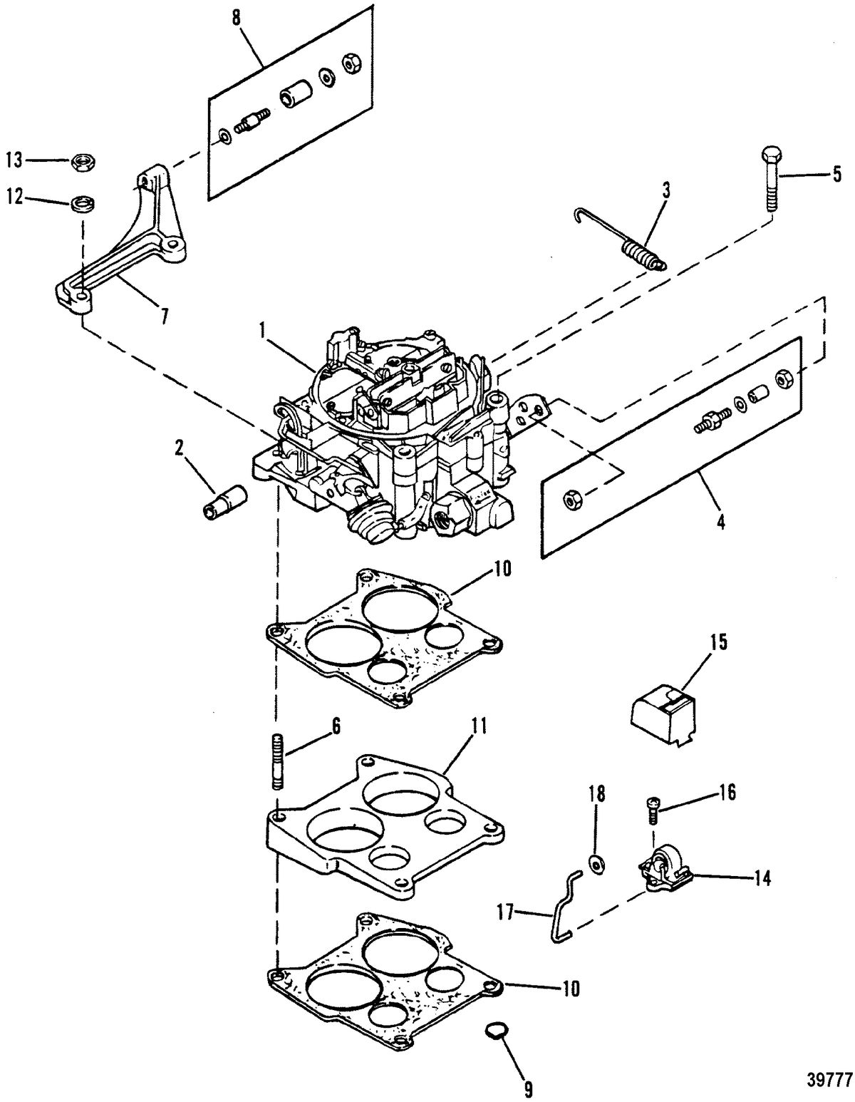 MERCRUISER 230 HP/260 H.P. INBOARD ENGINE (GM) CARBURETOR AND LINKAGE
