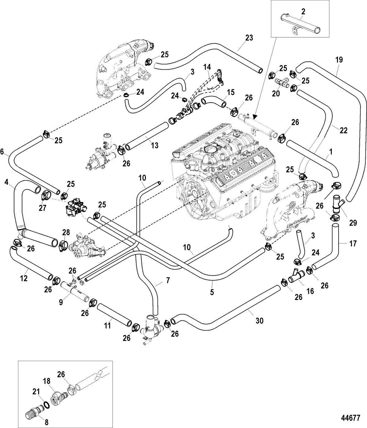 MERCRUISER 5.0, 350, 377 MAG MPI STERNDRIVE EC Standard Cooling System (Bravo), Air, 3 & 7 Point Drain