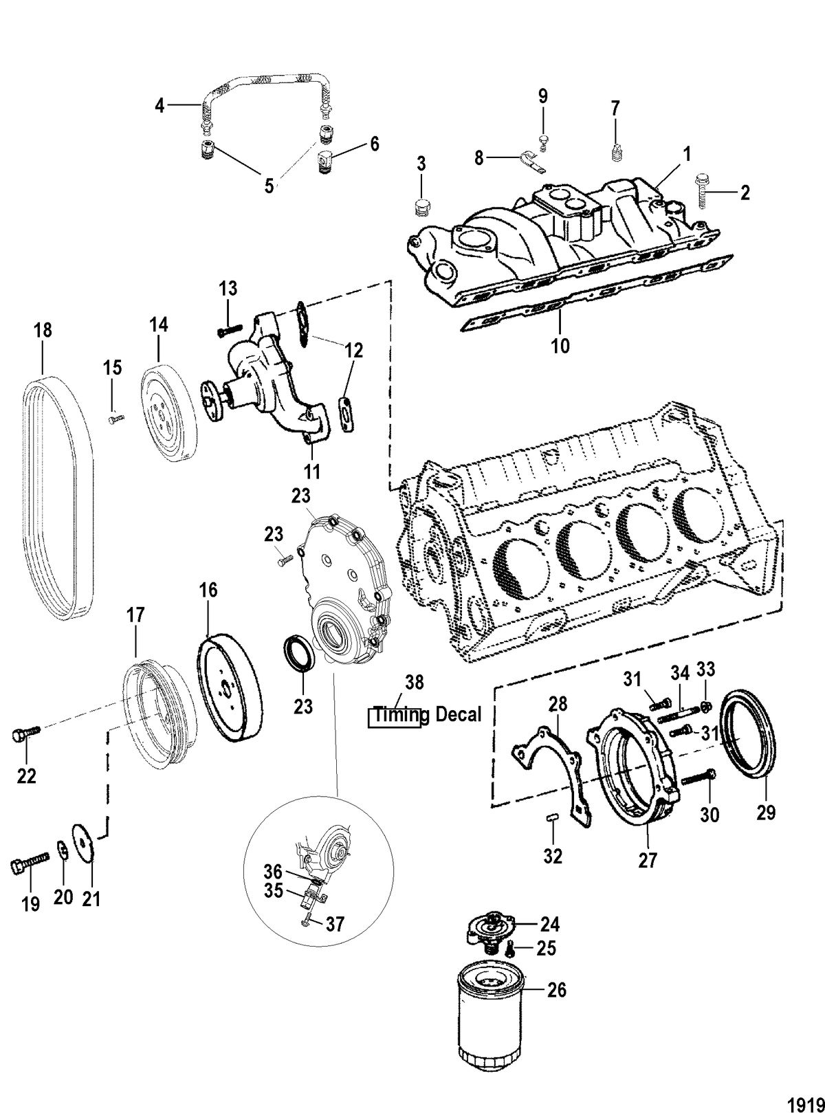 MERCRUISER 5.7L CARB (MIE) (GEN+) INTAKE MANIFOLD, WATER PUMP, AND FRONT COVER