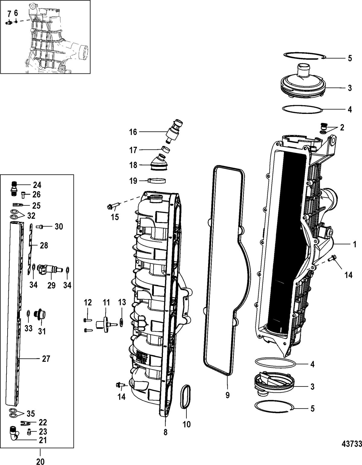 MERCURY/MARINER 200/225/250/275/300 4-STROKE VERADO (6 CYLINDER) Charge Cooler/Intake Manifold(Gen II) End Cap Serviced
