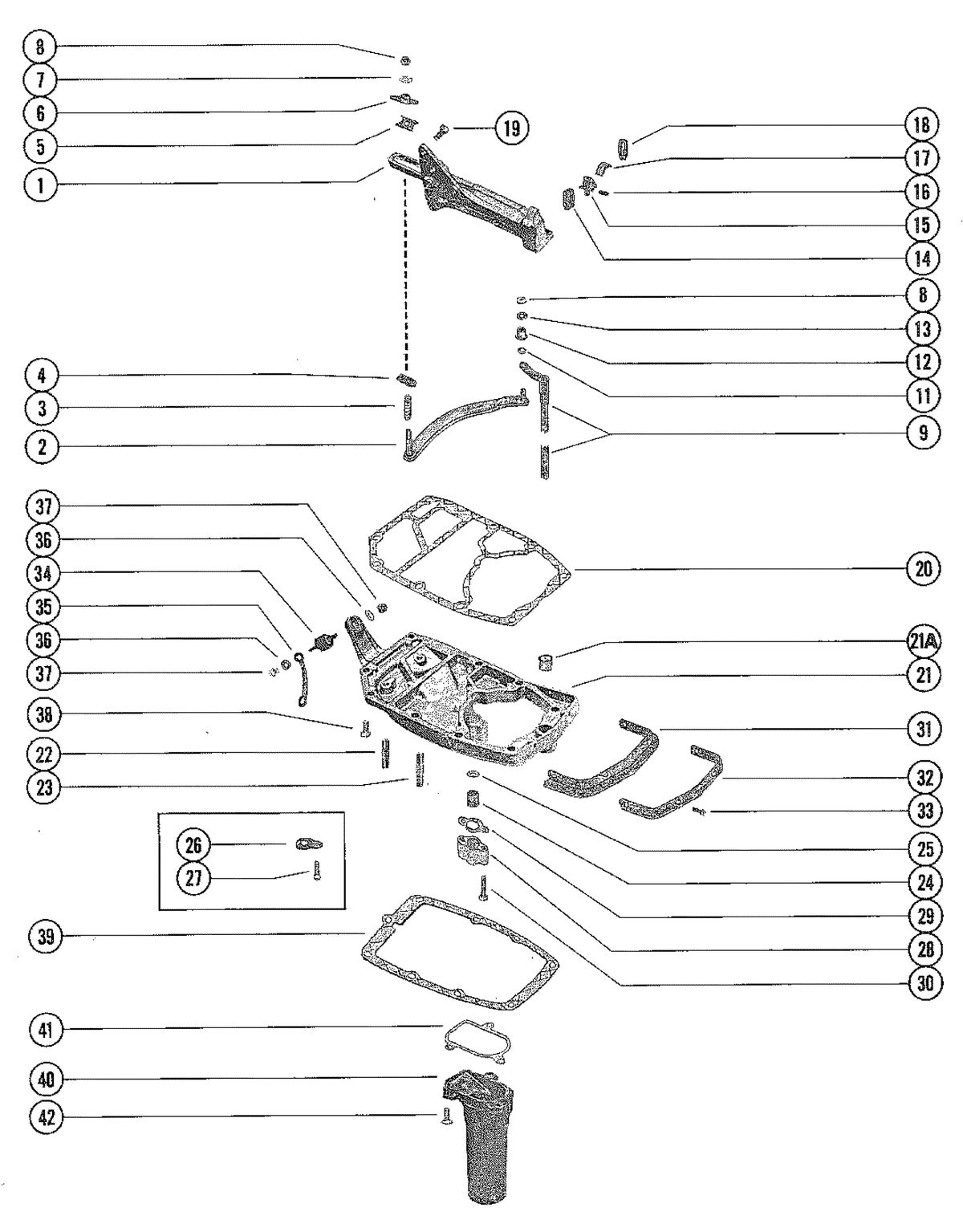MERCURY MERC 70 (3 CYLINDER) SHIFT LINKAGE AND EXHAUST PLATE