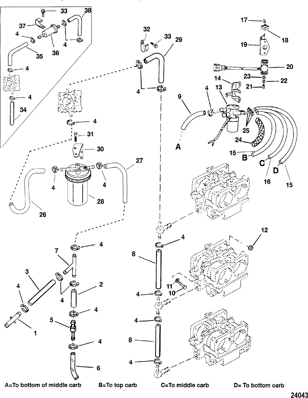 MERCURY/MARINER 225/225 SEAPRO/MARATHON (3.0L) CARB FUEL LINES(OIL INJECTION)