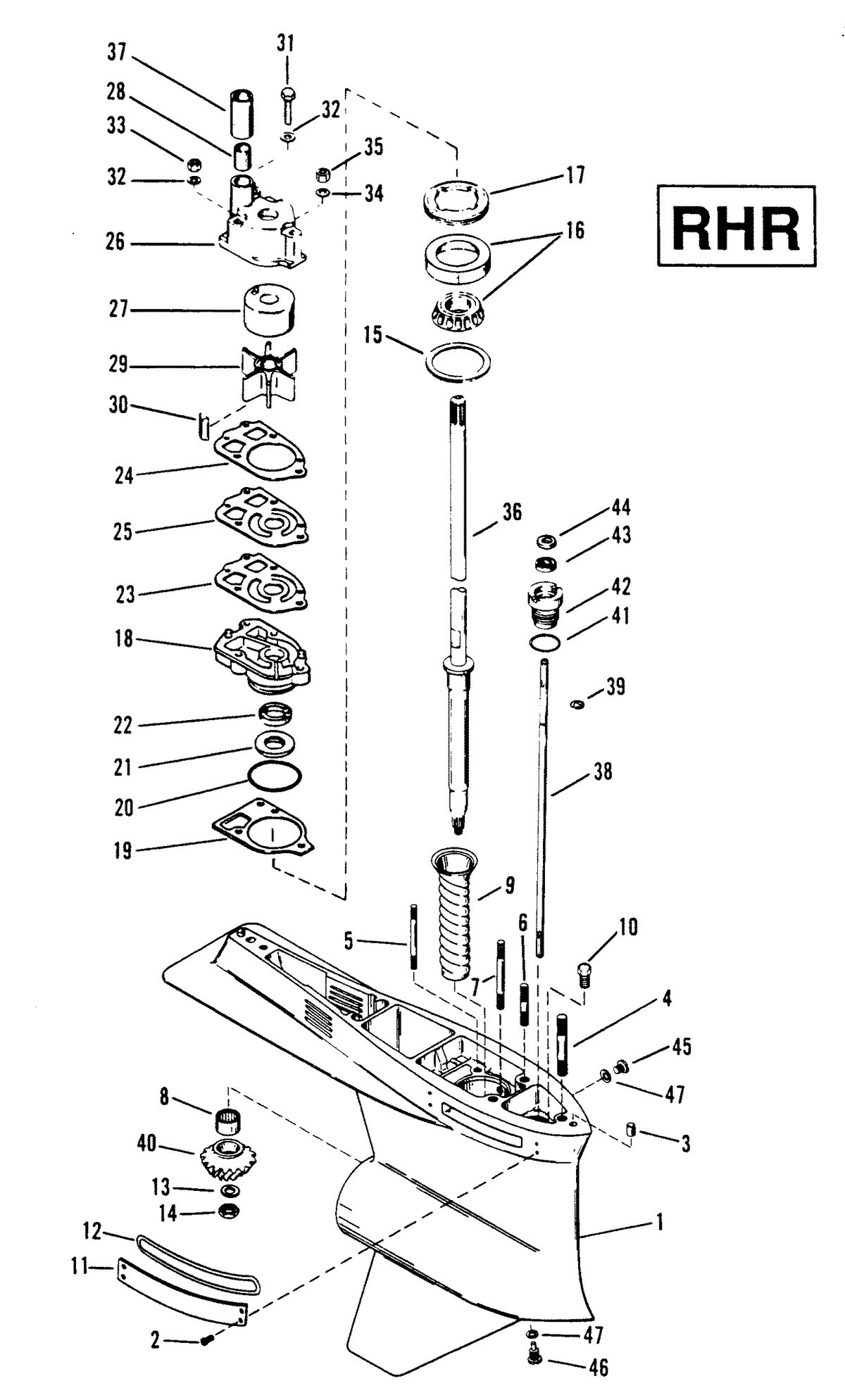 RACE OUTBOARD 2.5 L (CARB) GEAR HOUSING (DRIVE SHAFT)RHR 2-HOLE WATER PICKUP