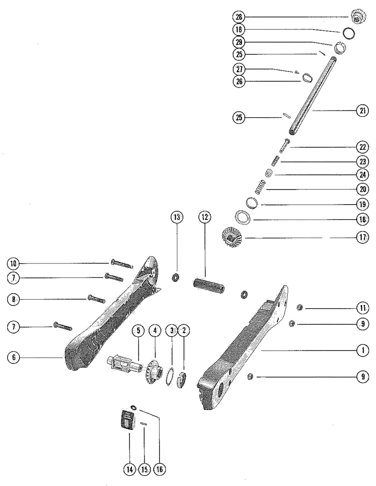 TROLLING MOTOR MERC "THRUSTER" LIFT ARM AND PIVOT SHAFT (FOOT PEDAL AND DECK MODEL)