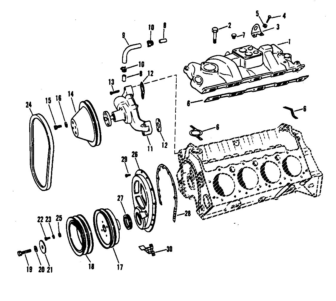 MERCRUISER 465 H.P. ENGINE INTAKE MANIFOLD AND FRONT COVER