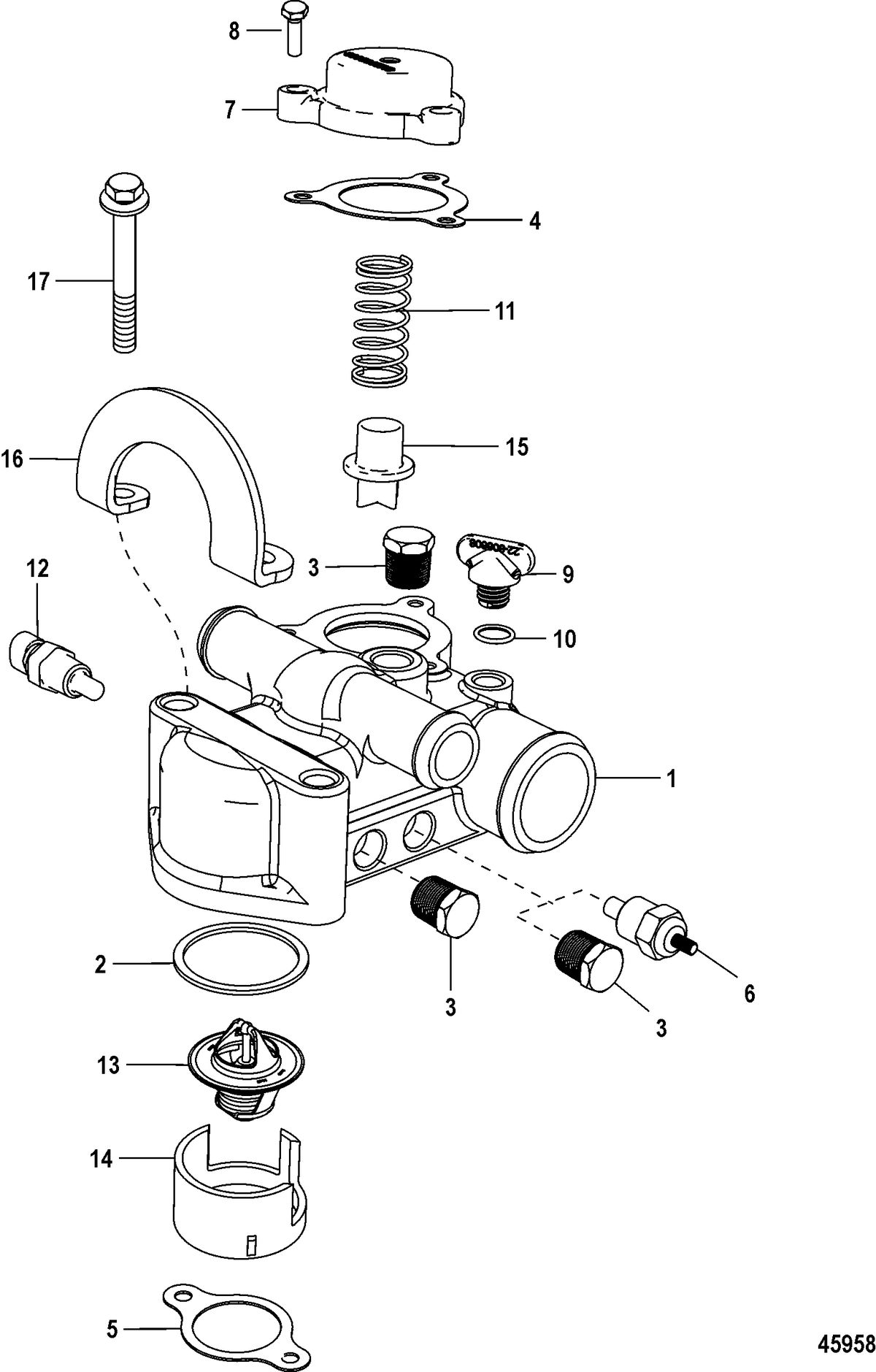 MERCRUISER 4.3L MPI ALPHA/BRAVO EC Thermostat and Housing, Standard Cooling