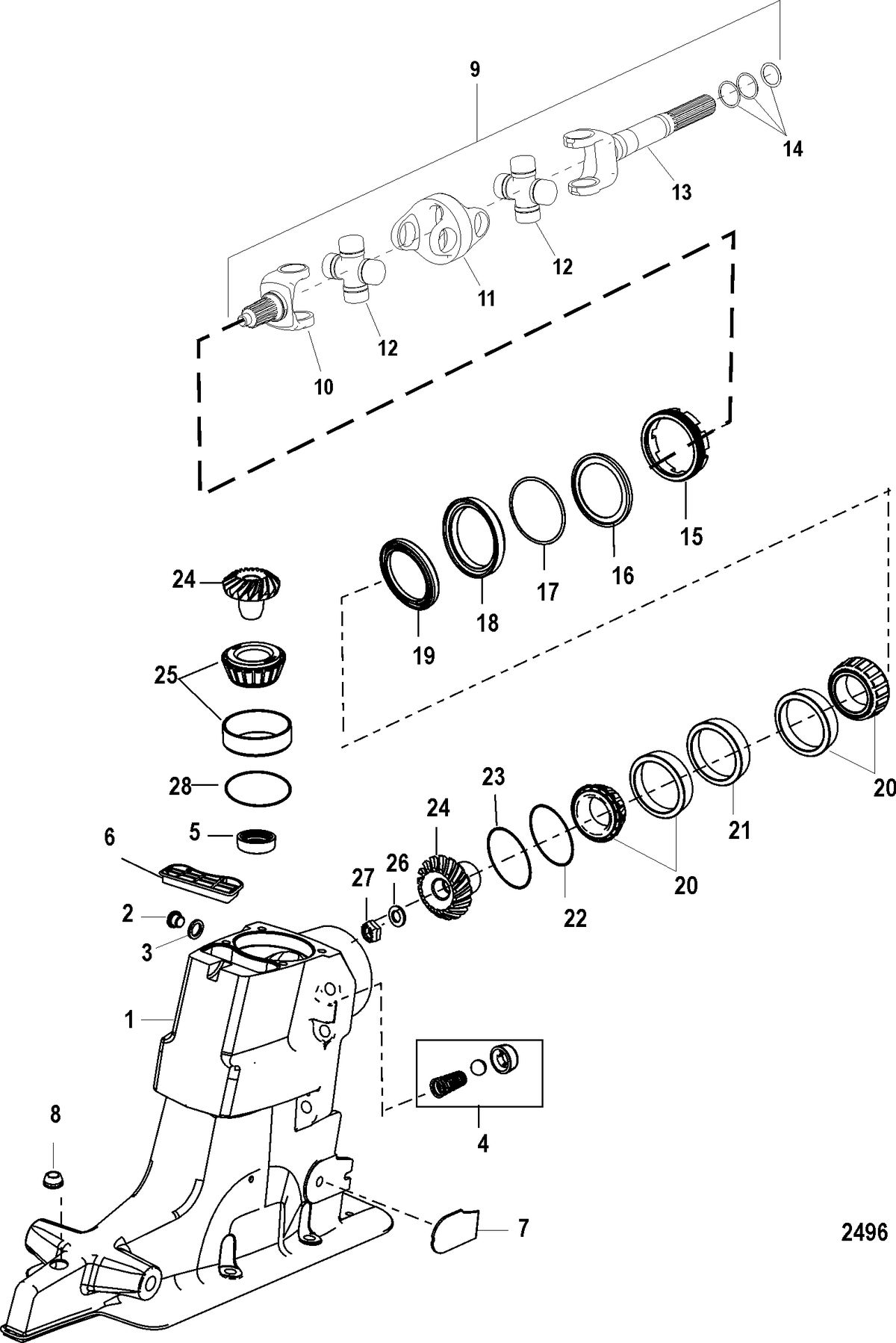 MERCRUISER ALPHA ONE GEN II STERNDRIVE AND TRANSOM ASSEMBLY DRIVESHAFT HOUSING AND DRIVE GEARS
