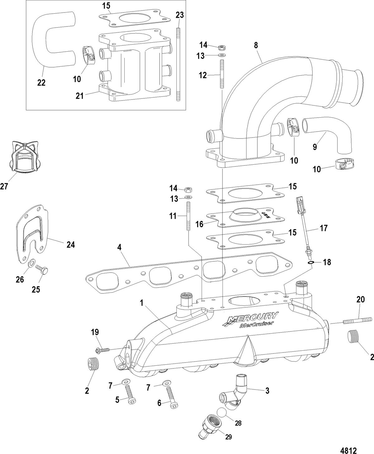 MERCRUISER 496 MAG. STERNDRIVE EXHAUST MANIFOLD(W/O WATER RAIL), ELBOW, AND RISER