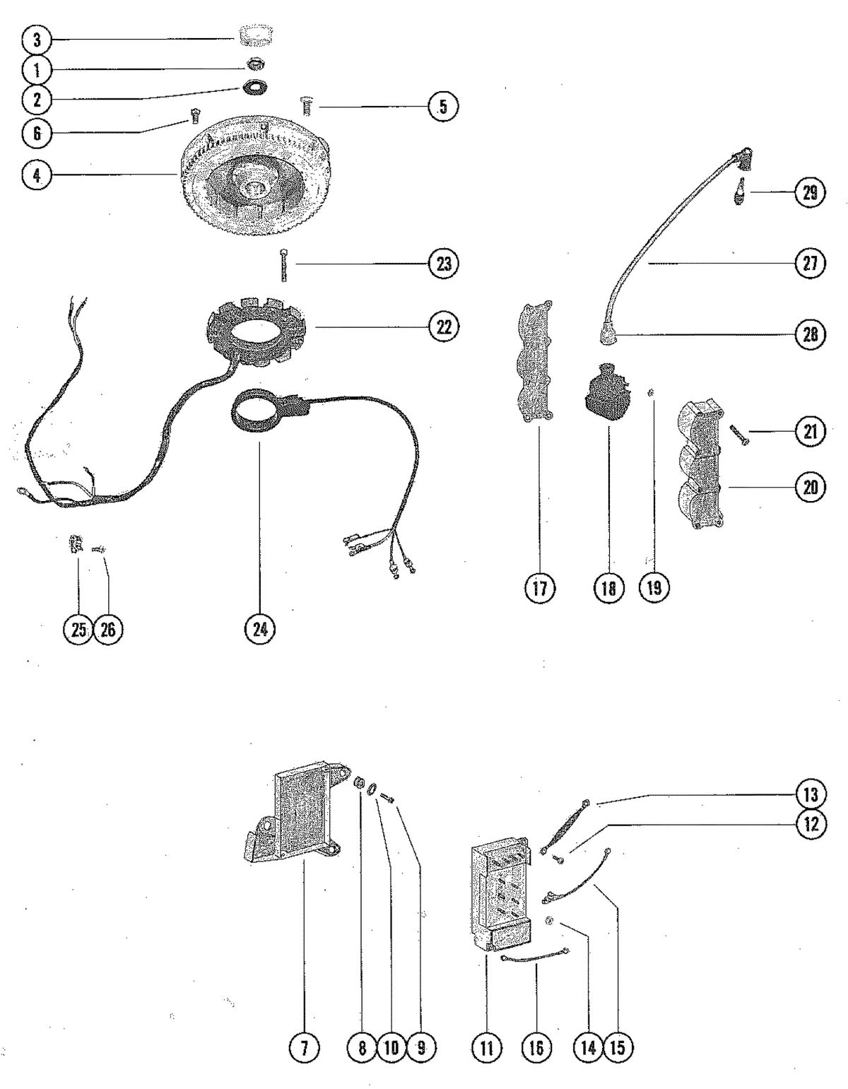 MERCURY MERC 70 (3 CYLINDER) FLYWHEEL, SWITCH BOX, IGNITION COIL AND STATOR ASSEMBLY