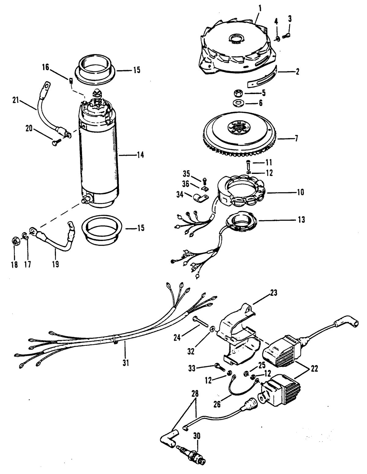 RACE OUTBOARD 2.5L (CARB) FLYWHEEL, STARTER MOTOR AND IGNITION COILS