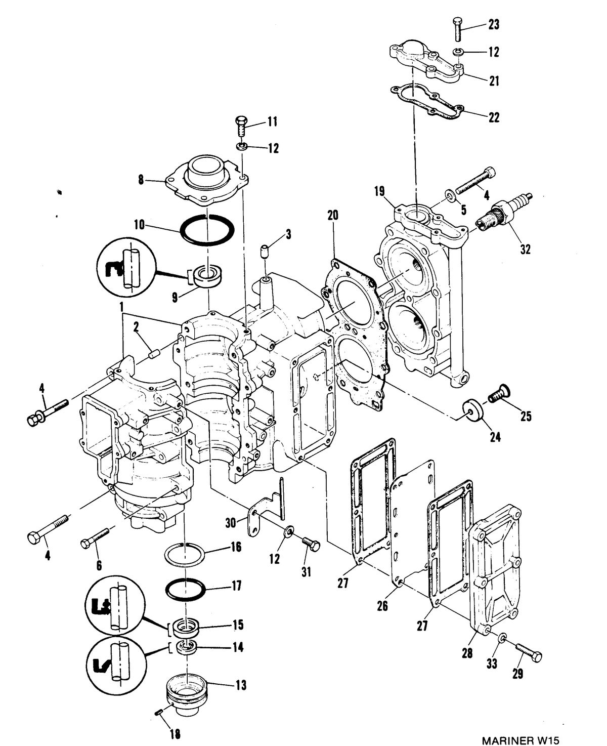 MARINER 15 H.P. W/MARATHON CRANKCASE AND CYLINDER HEAD