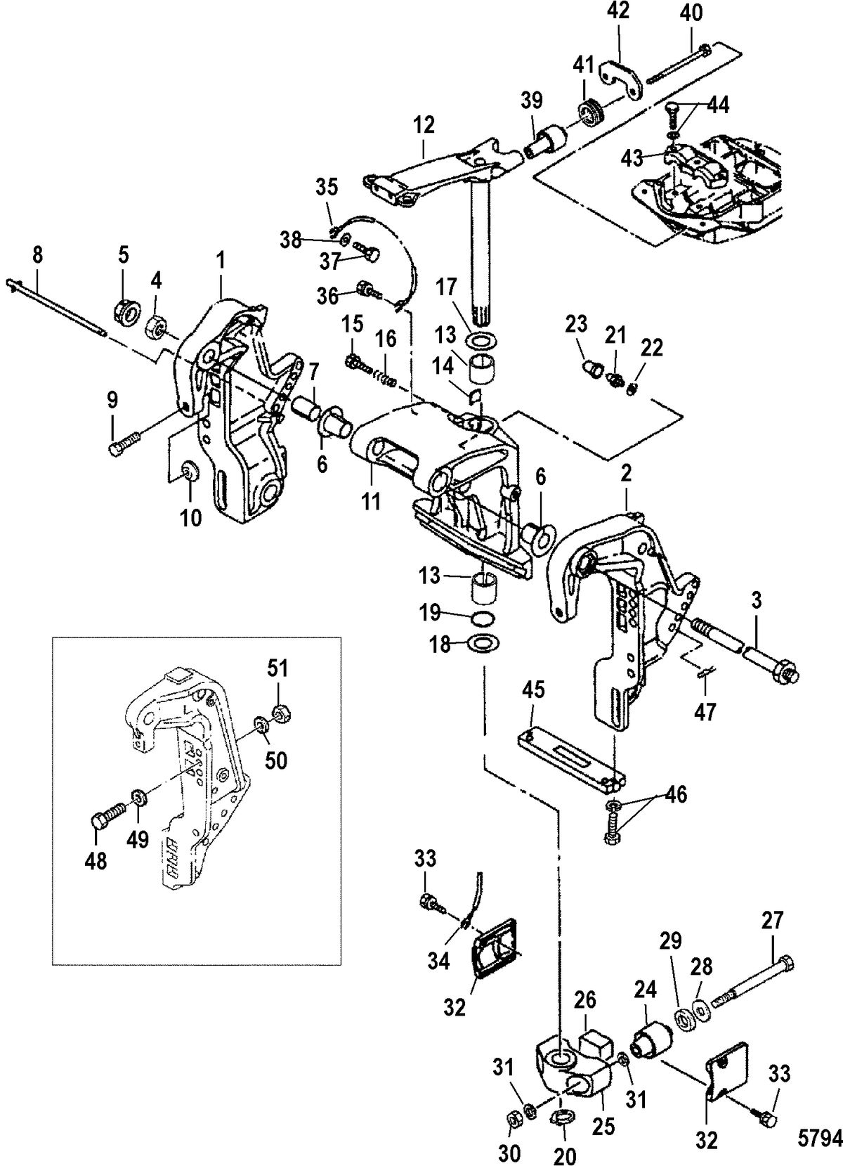 MERCURY/MARINER 40 LIGHTNING/40 LIGHTNING XR40 SEAPRO/MARATHON/50 INTERNATIONAL Transom and Swivel Brackets(Power Trim)