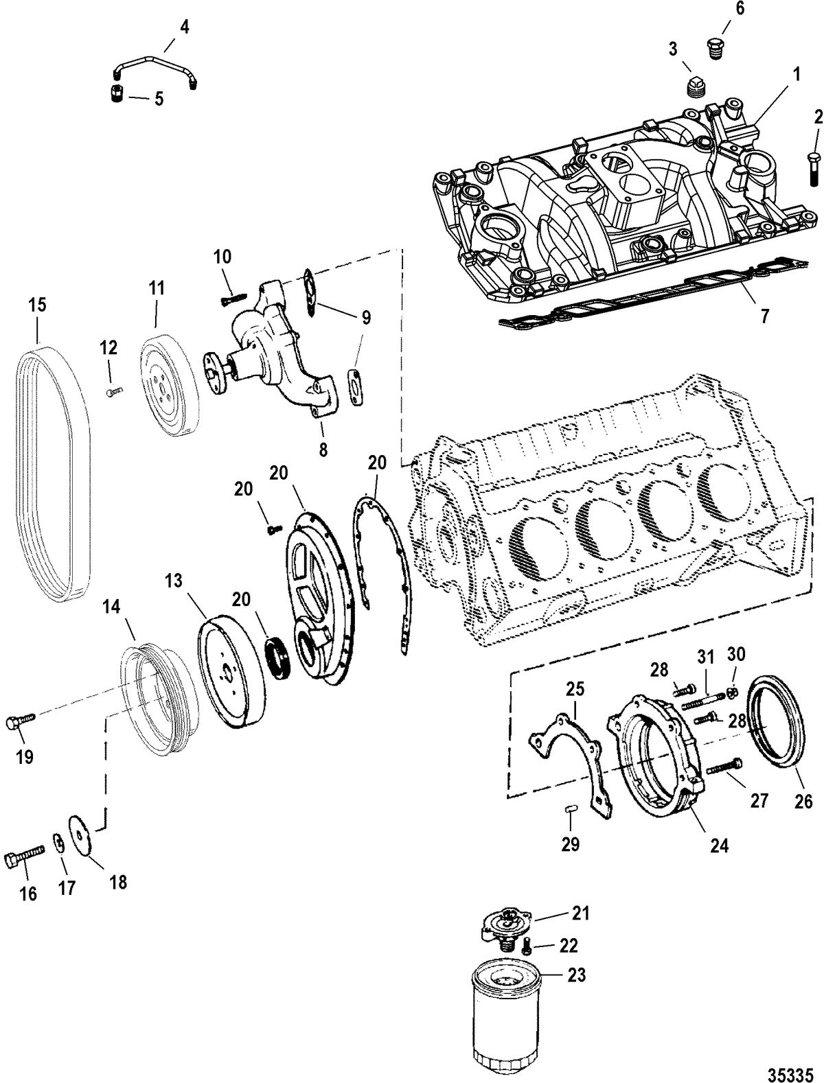 MERCRUISER 5.7L COMPETITION SKI ENGINE (GEN +) INTAKE MANIFOLD, WATER PUMP, AND FRONT COVER