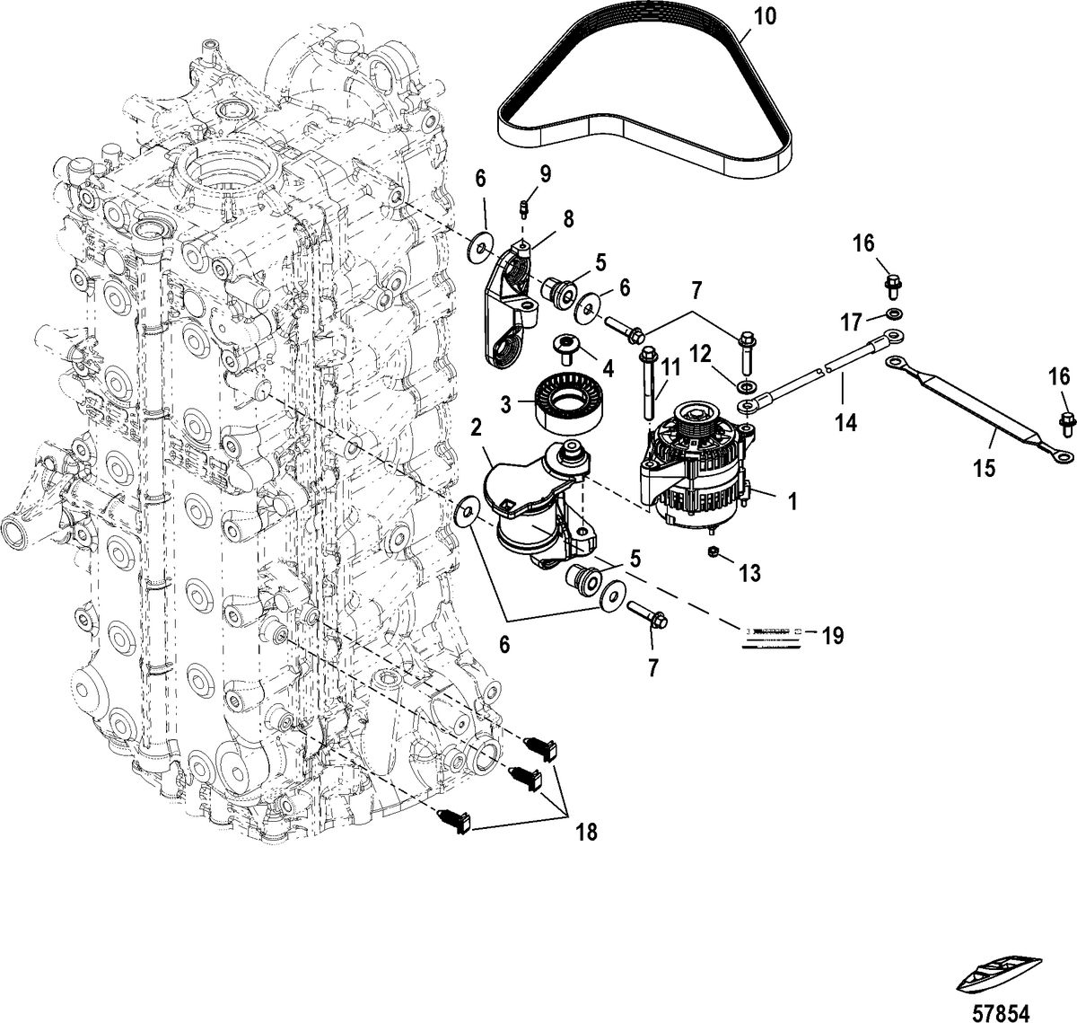MERCURY/MARINER 200/225/250/275/300 VERADO (4-STROKE)(6 CYLINDER) Alternator/Belt Tensioner Mounting