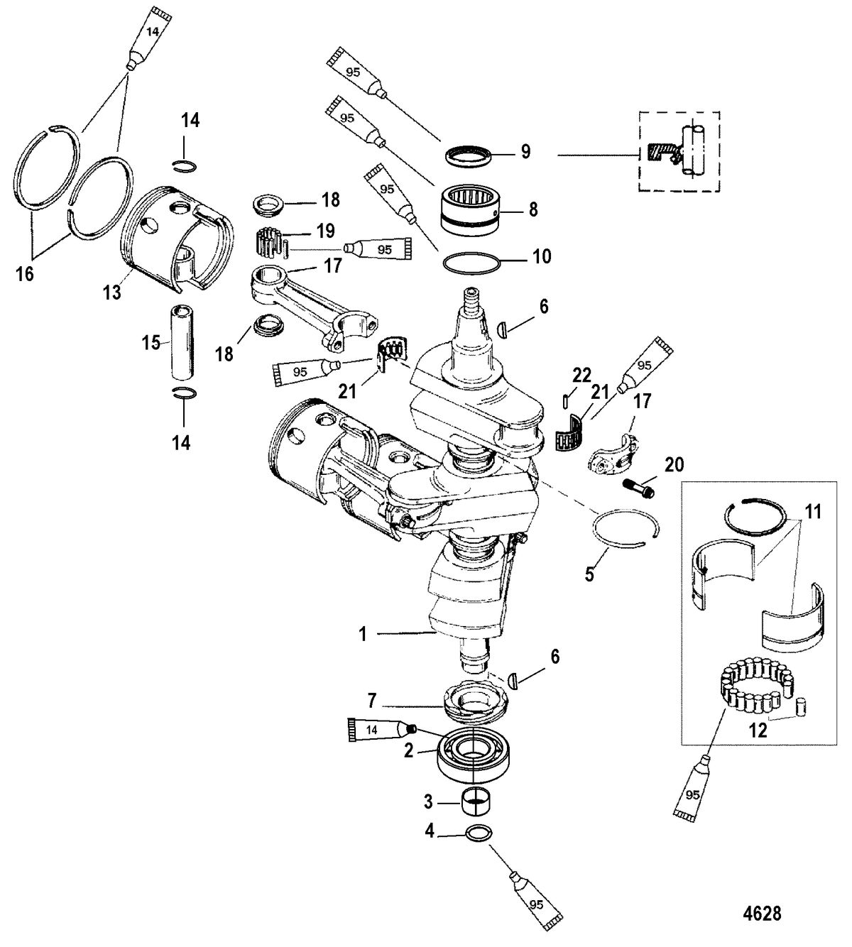 MERCURY/MARINER 75/90 HP 65 JET (3 CYLINDER) Crankshaft, Pistons and Connecting Rods