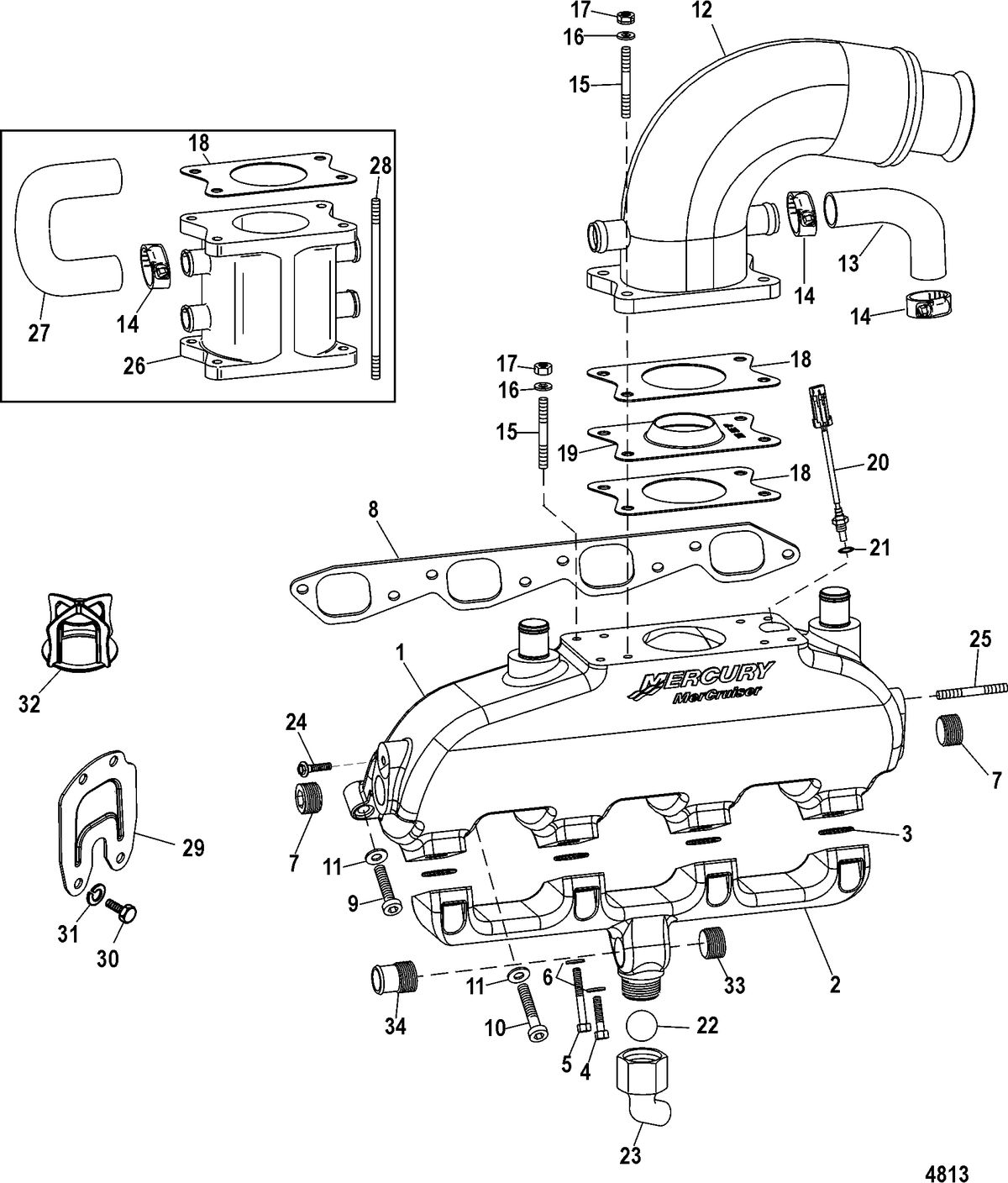 MERCRUISER 496 MAG. STERNDRIVE EXHAUST MANIFOLD(W/ WATER RAIL), ELBOW, AND RISER
