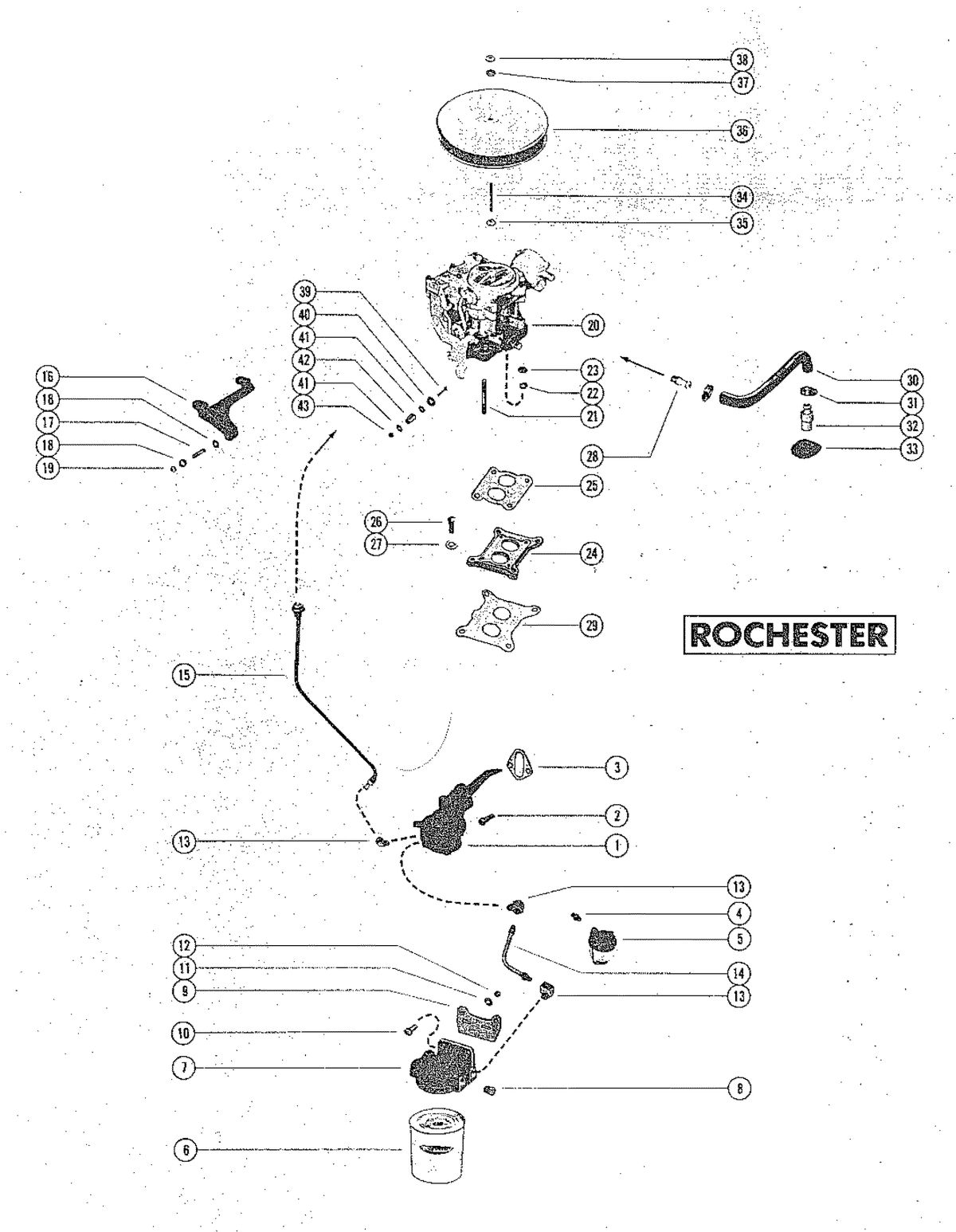 MERCRUISER 888 (2 BBL)ENGINE FUEL PUMP, FUEL FILTER AND CARBURETOR (ROCHESTER)