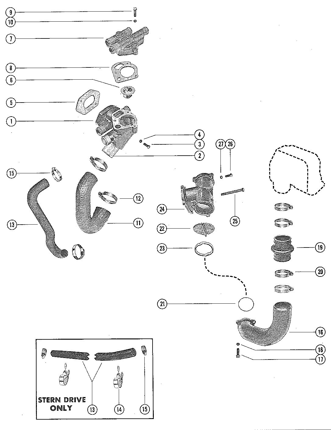 MERCRUISER 233 ENGINE THERMOSTAT HOUSING, COVER AND EXHAUST ELBOW