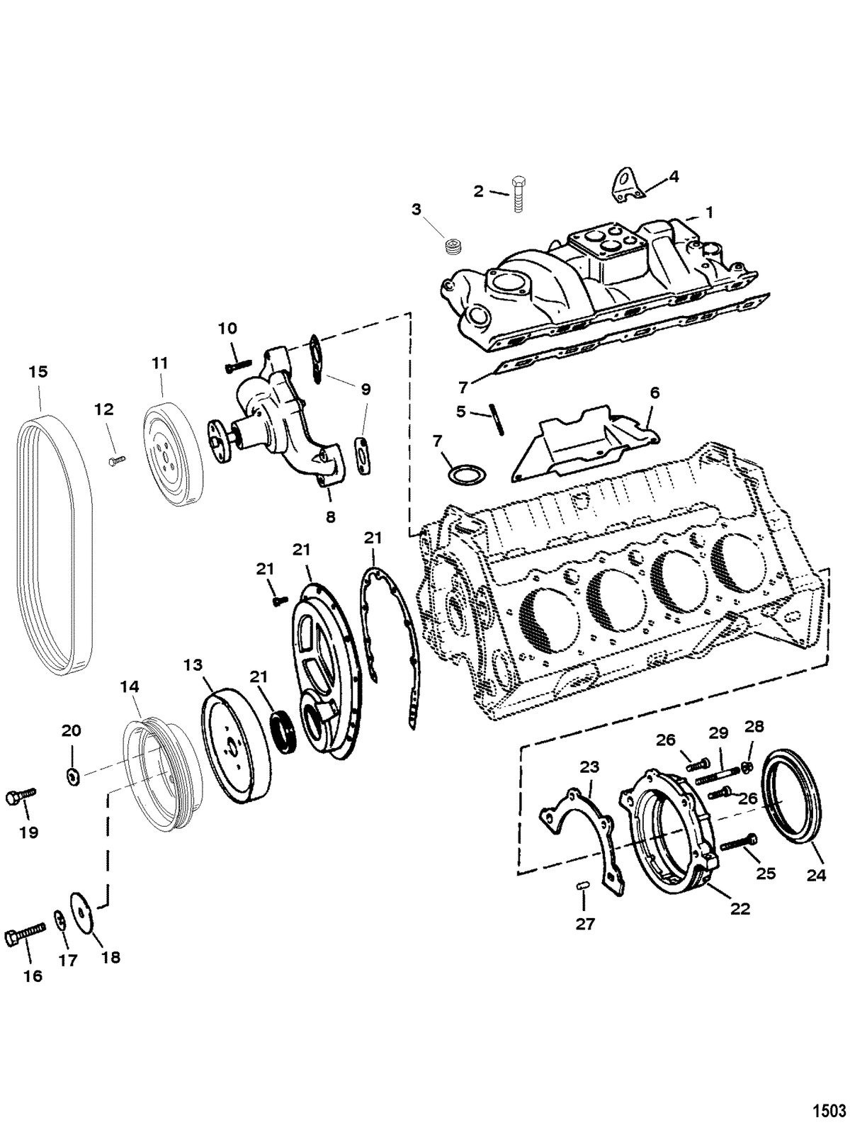 MERCRUISER 5.7L INBOARD ENGINE INTAKE MANIFOLD AND FRONT COVER
