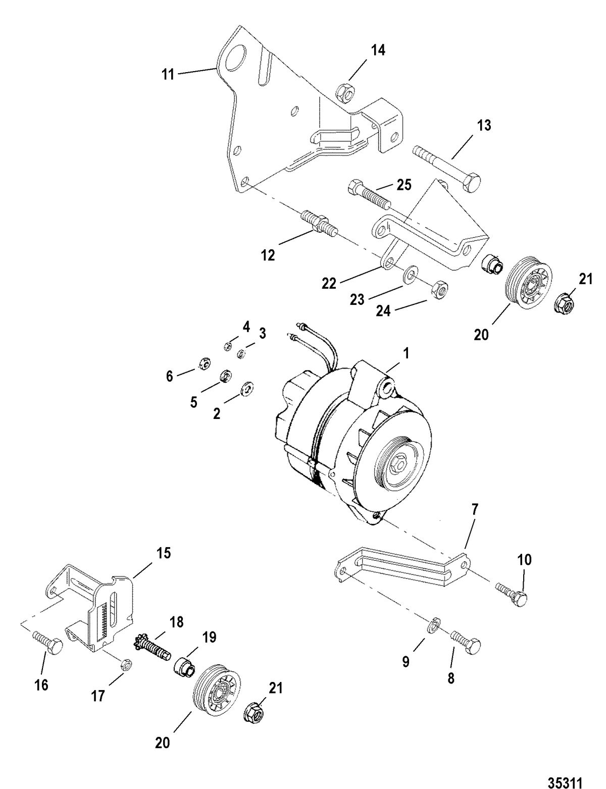 MERCRUISER 5.7L COMPETITION SKI ENGINE (GEN +) ALTERNATOR(MANDO) & BRACKETS (0L918999 & BELOW)