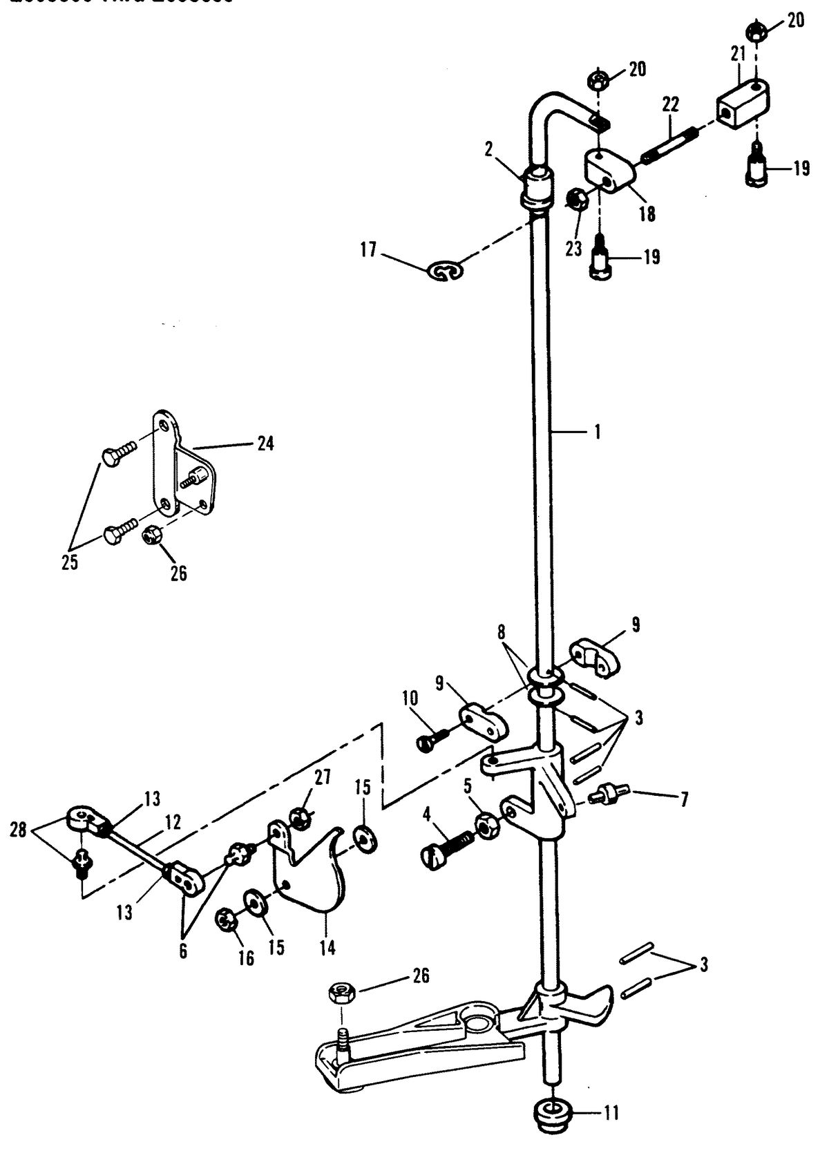 FORCE 120 H.P. TOWERSHAFT AND THROTTLE LINKAGE (0E009500 - 0E093699)