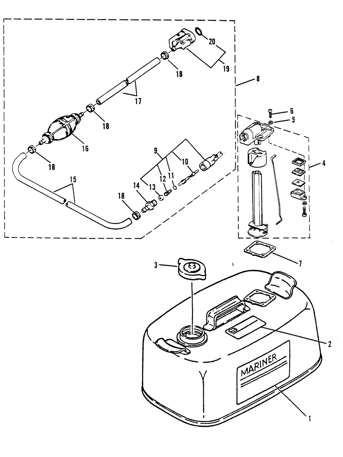 MARINER 15 HP FUEL TANK AND FUEL LINE ASSEMBLY