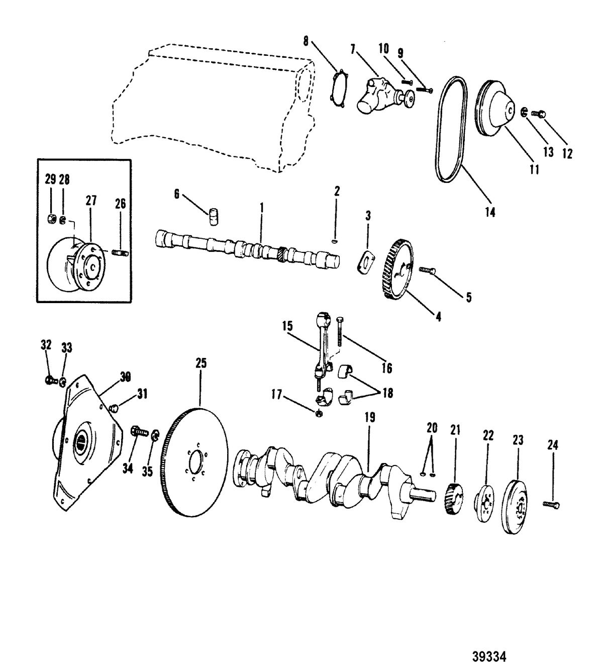 MERCRUISER 120 H.P./2.5L140 H.P./3.0L R/MR/ALPHA ONE CRANKSHAFT, CAMSHAFT, WATER PUMP(120-2.5L/153 CID)