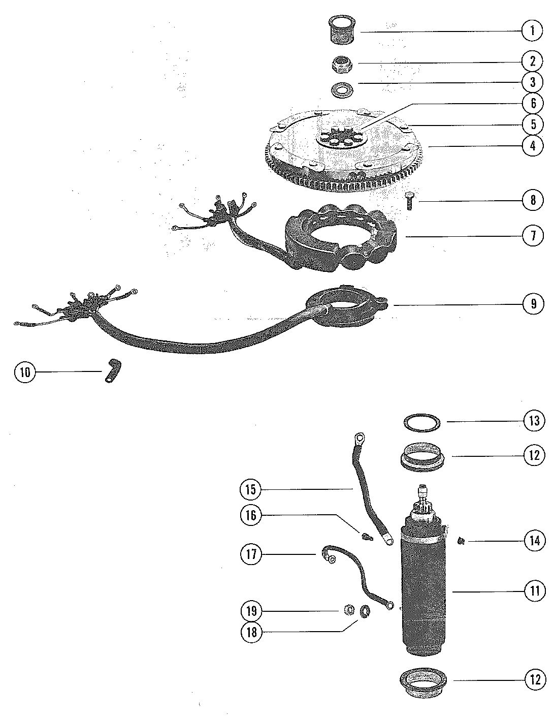 MARINER 90 HORSEPOWER FLYWHEEL, STARTER MOTOR AND STATOR