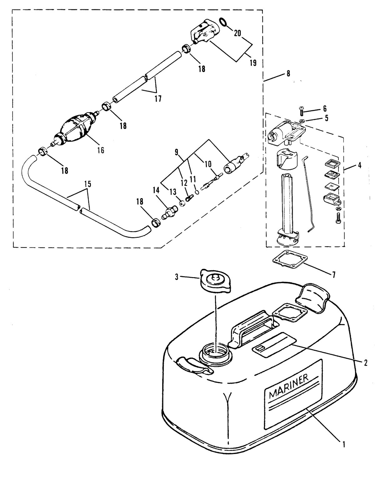 MARINER 9.9 H.P. FUEL TANK AND FUEL LINE ASSEMBLY (ORIGINAL EQUIPMENT) 24 L.