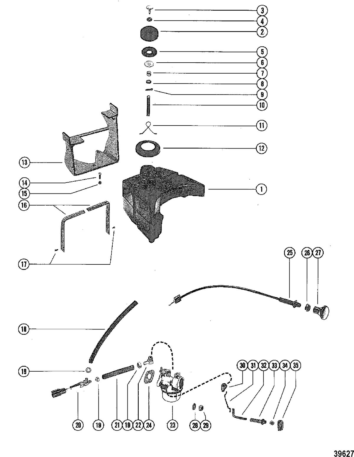 MERCURY 4 HP FUEL TANK, FUEL LINES AND CARBURETOR