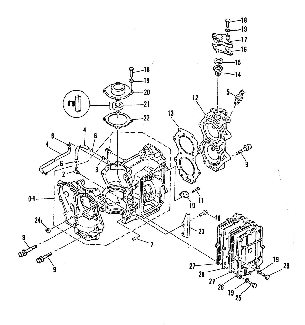 MARINER 25 HP K CRANKCASE AND CYLINDER HEAD