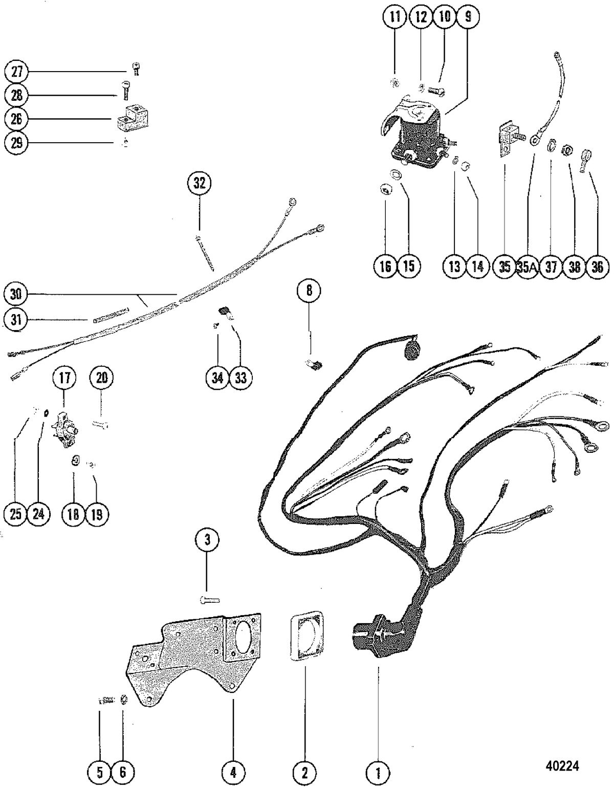 MERCRUISER 228 ENGINE (G.M.) WIRING HARNESS, CIRCUIT BREAKER AND STARTER SOLENOID