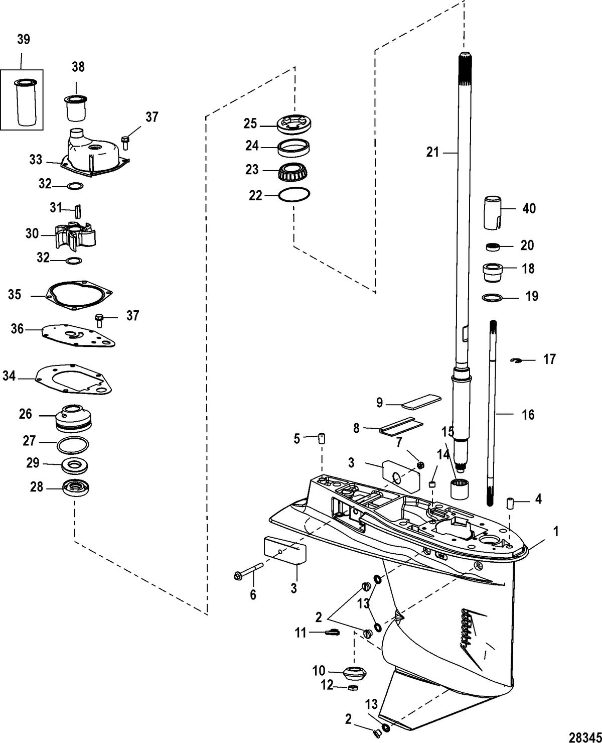 MERCURY/MARINER 30/40 EFI 4-STROKE (3 CYLINDER) Gear Housing, Driveshaft - 2:1 Gear Ratio
