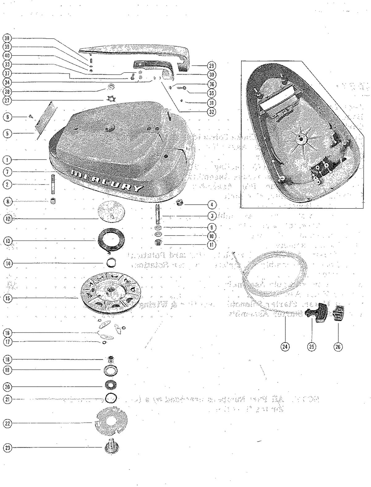 MERCURY MERC 600, 600 EL TOP COWL AND STARTER ASSEMBLY