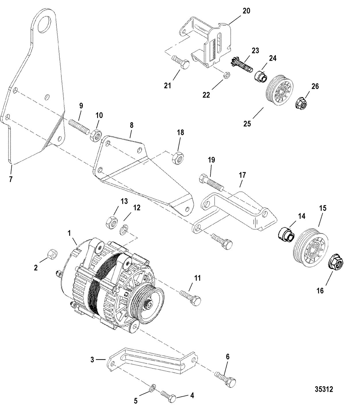 MERCRUISER 5.7L COMPETITION SKI ENGINE (GEN +) ALTERNATOR(DELCO) & BRACKETS (0L619000 & UP)
