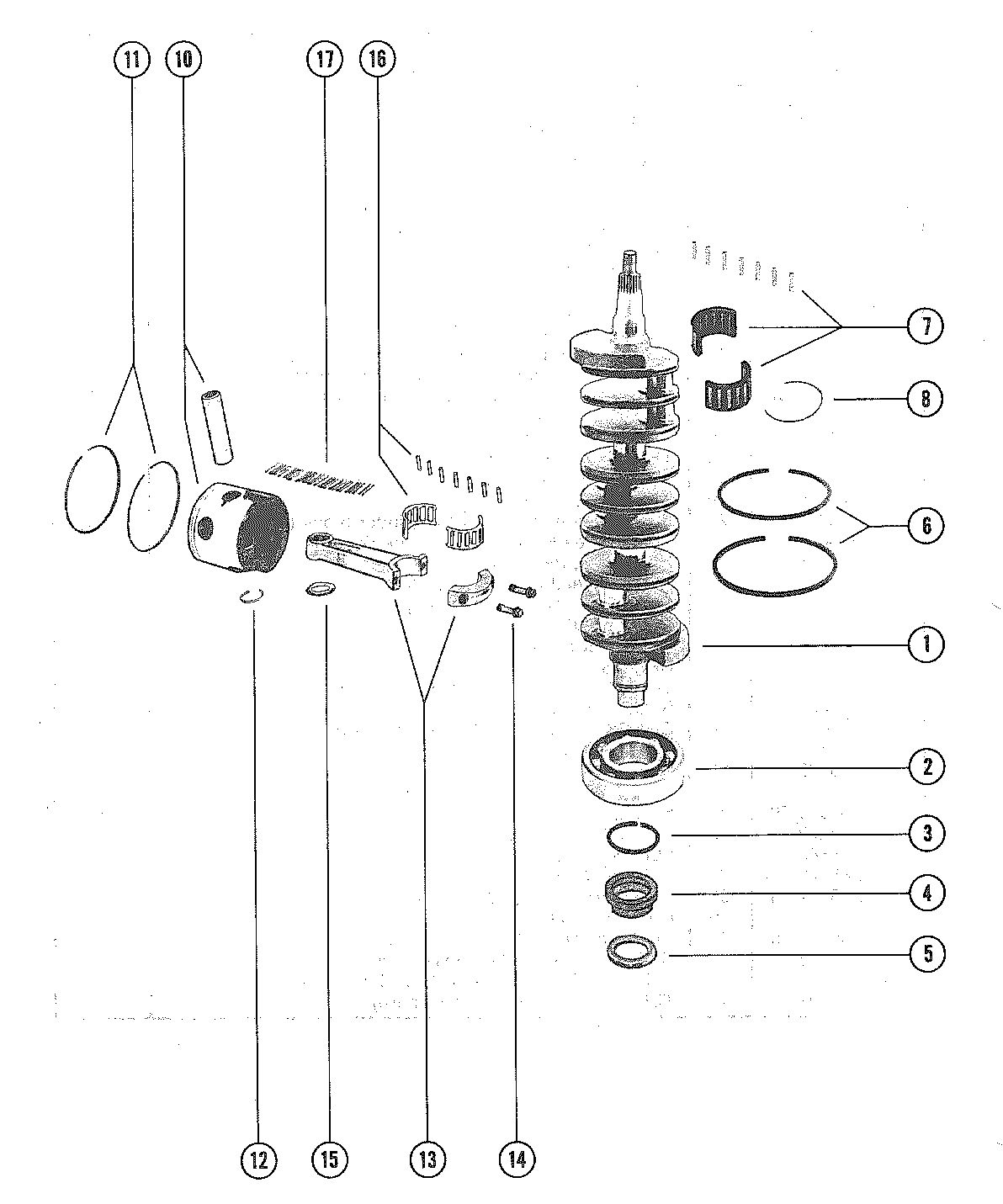 MERCURY MERC V-225 CRANKSHAFT, PISTONS AND CONNECTING RODS
