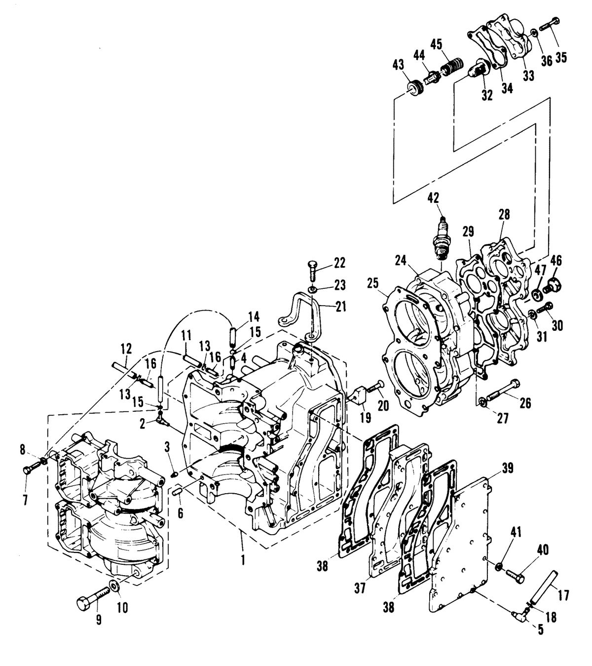MARINER 40A HORSEPOWER CRANKCASE AND CYLINDER HEAD