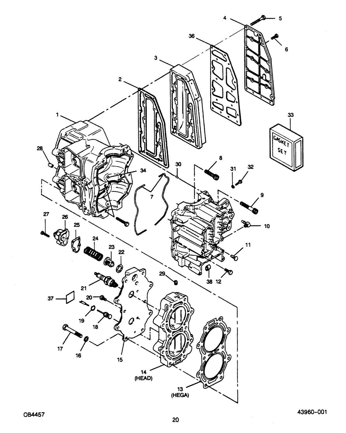 FORCE FORCE 1989 50 H.P. "D" MODELS CYLINDER BLOCK, HEAD AND EXHAUST CHEST COVER