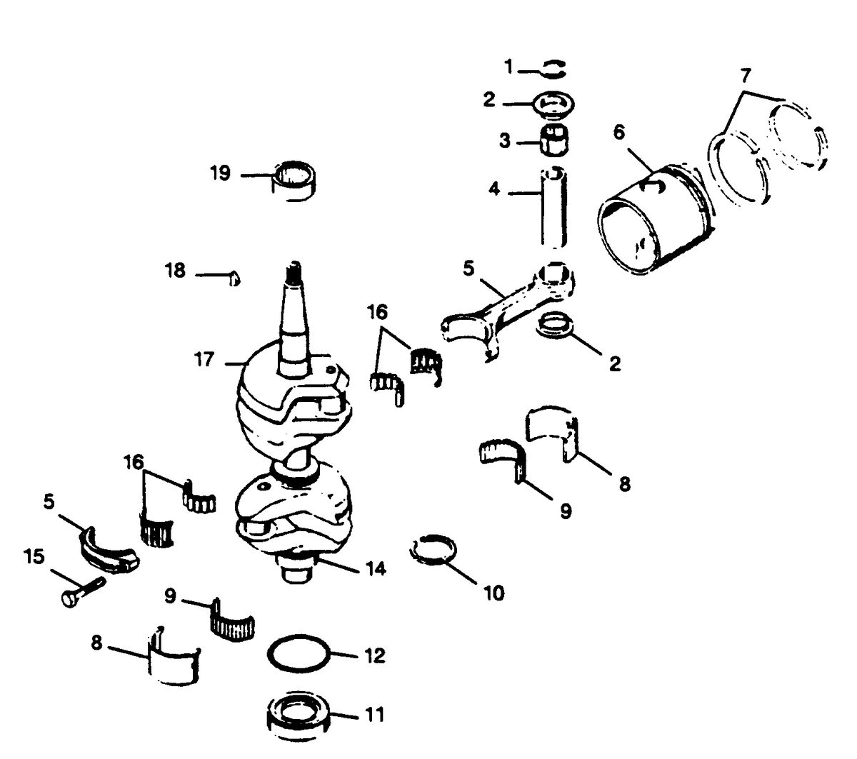 FORCE FORCE 1989 35 H.P. "C" MODELS CRANKSHAFT AND PISTON GROUP