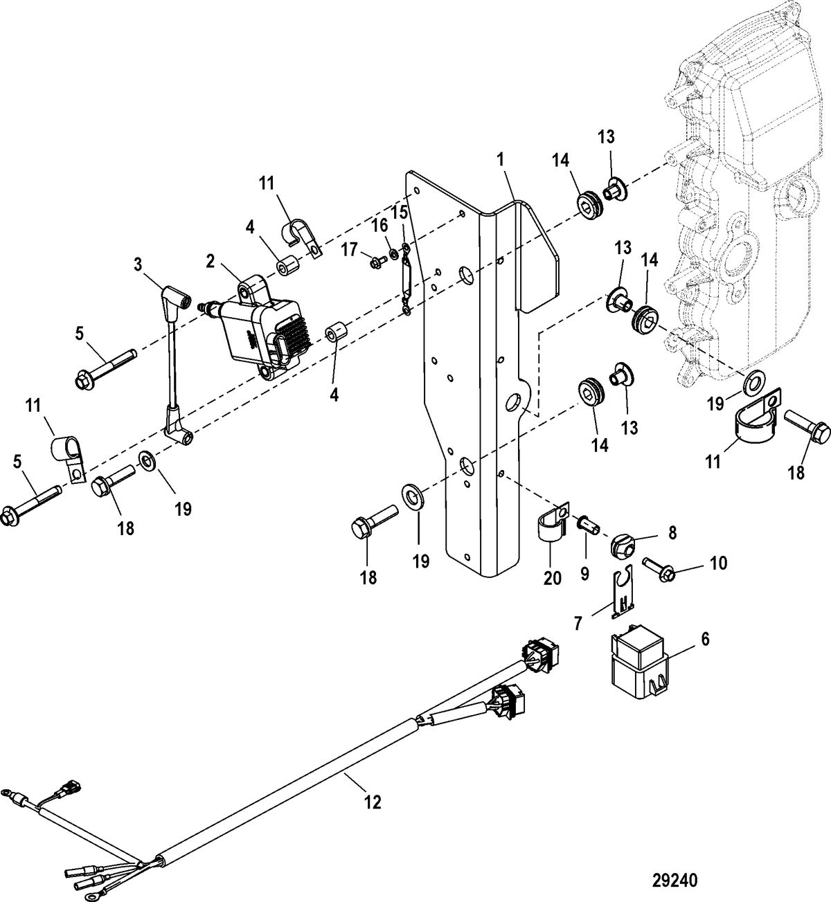 MERCURY/MARINER 40/50/60/JET 40 EFI - 4 CYLINDER 4-STROKE Ignition Coil Mounting, 1C104423/0P560349 and Below