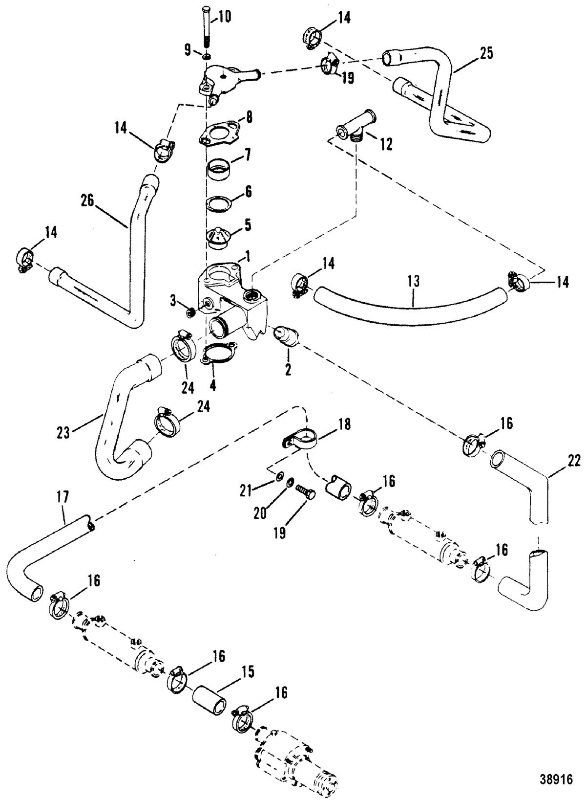 MERCRUISER 340 H.P./7.4L W/BORG WARNER TRANS (GM) THERMOSTAT HOUSING(STANDARD COOLING) OLD DESIGN