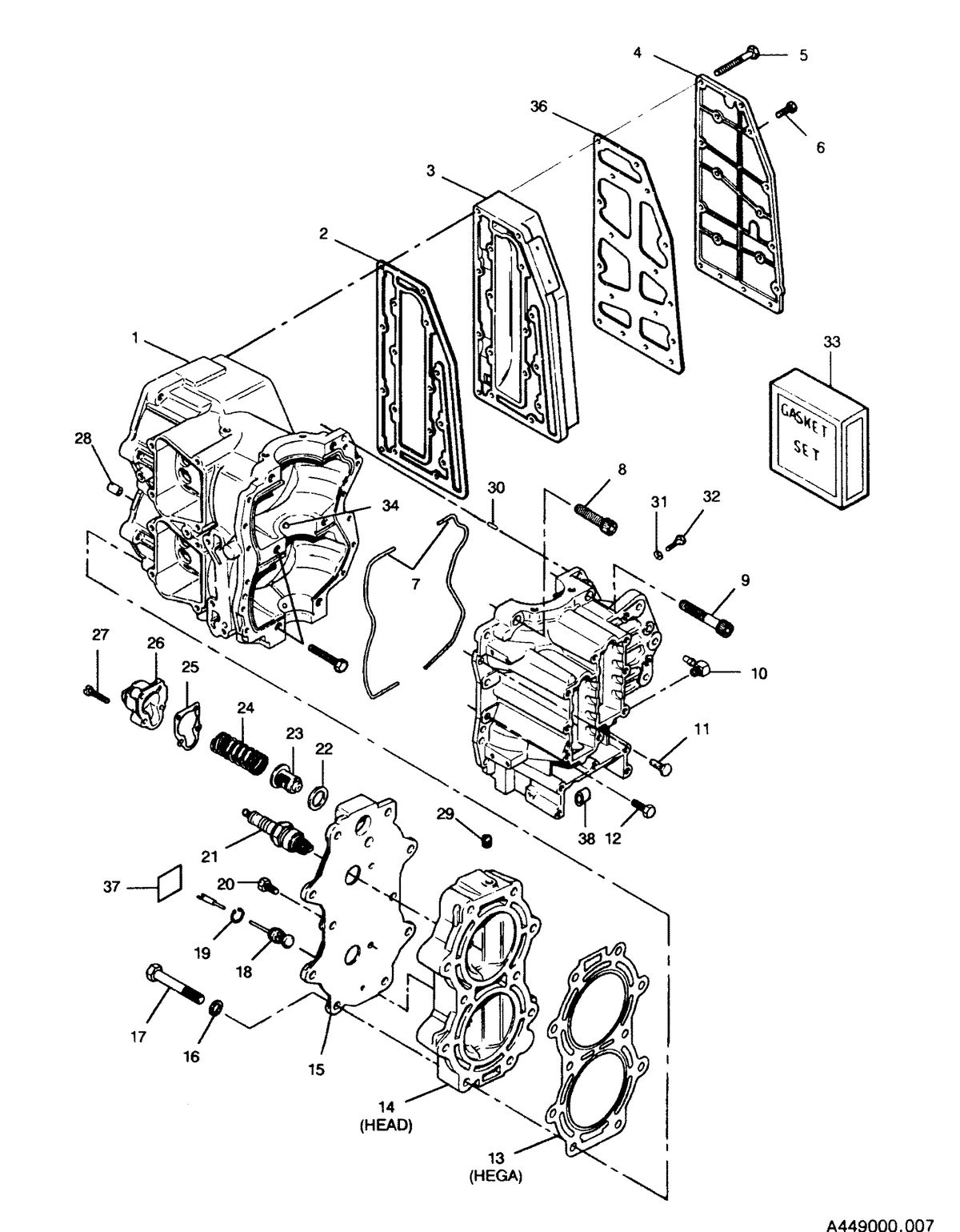 FORCE FORCE 1991 50 H.P. "Z" MODELS CYLINDER BLOCK, HEAD AND EXHAUST CHEST COVER