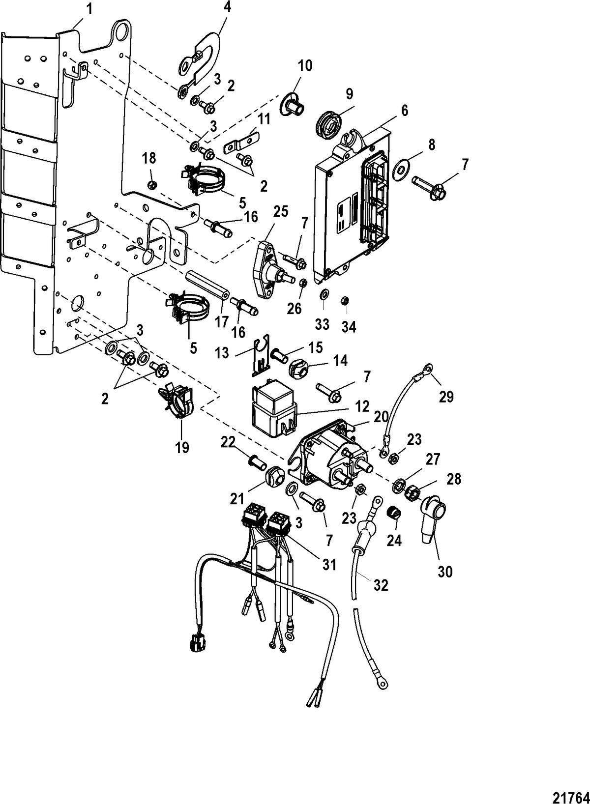 MERCURY/MARINER 75/90/115/125 DFI 1.5L (3 CYLINDER) Electrical Components, PCM Mounting, 2B092562 and Below