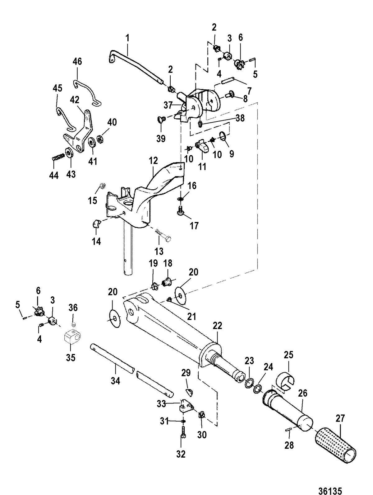 MERCURY/MARINER 25 H.P. (3 CYL.) LIGHTNING TILLER HANDLE/LINKAGE