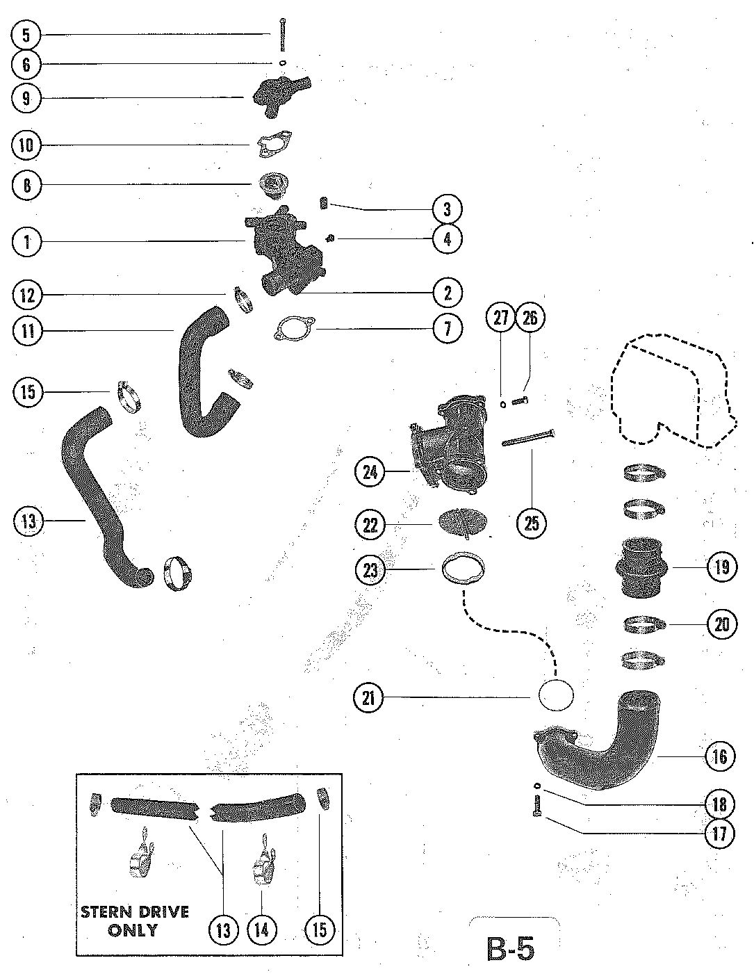 MERCRUISER 228 ENGINE (G.M.) THERMOSTAT HOUSING, COVER AND EXHAUST ELBOW