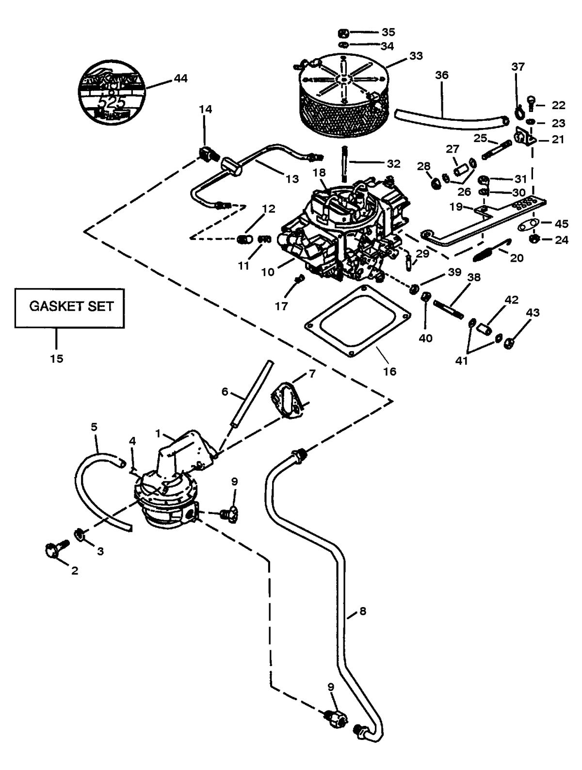 MERCRUISER 525 H.P. ENGINE FUEL PUMP & CARBURETOR & LINKAGE