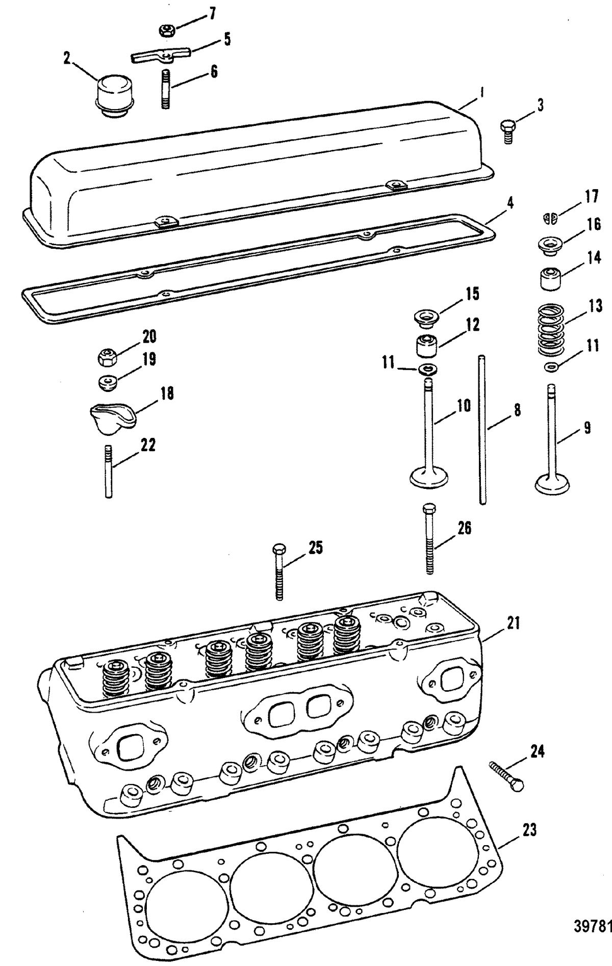 MERCRUISER 230 HP/260 H.P. INBOARD ENGINE (GM) CYLINDER HEAD AND ROCKER COVER(260)